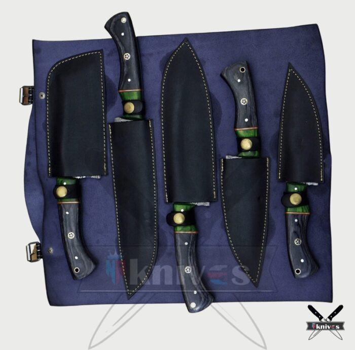 Custom Damascus Blade Chef Knife Set With Micarta Wood Handle NR-05