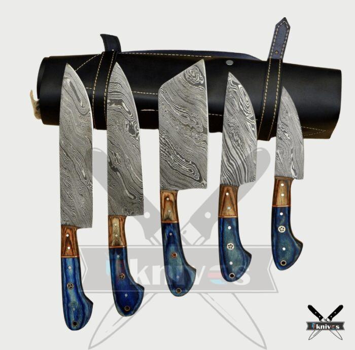 Custom Damascus Chef Knife Set With Micarta Wood Handle NR-03