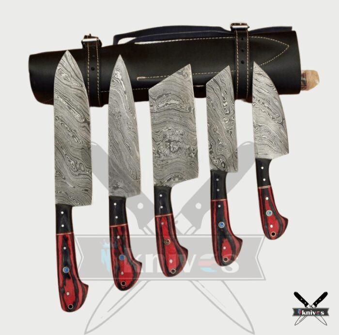 Custom Handmade Chef Knife Set With Red & Black Laminated Handle NR-24