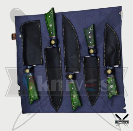 Handmade Chef Knife Set With Micarta Green & Blue Wood Handle NR-09