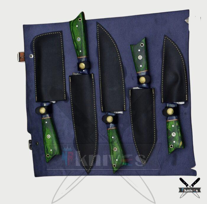Handmade Chef Knife Set With Micarta Green & Blue Wood Handle NR-09
