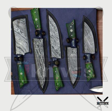 Handmade Chef Knives Set With Micarta Green & Blue Wood Handle NR-09