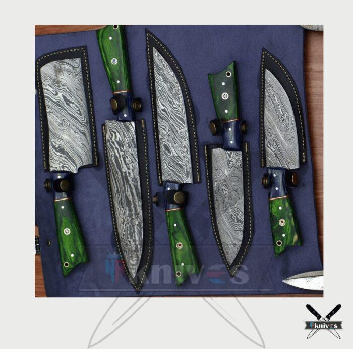 Handmade Chef Knives Set With Micarta Green & Blue Wood Handle NR-09