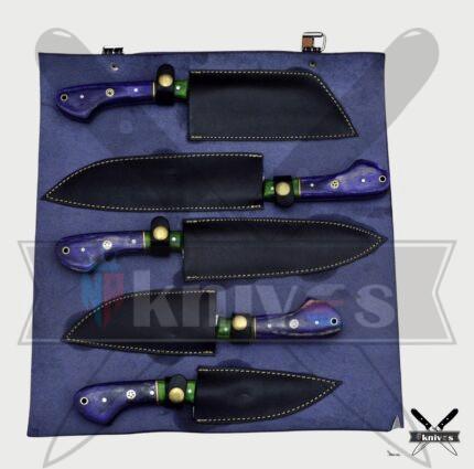 Handmade Kitchen Knives Set With Blue & Green Micarta Wood Handle NR-15