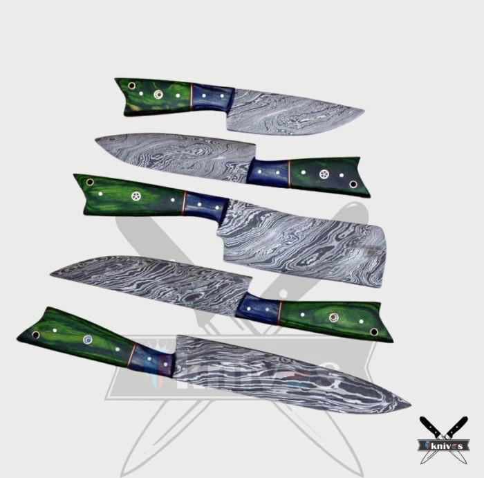 Handmade Kitchen Knives Set With Micarta Green & Blue Wood Handle NR-09