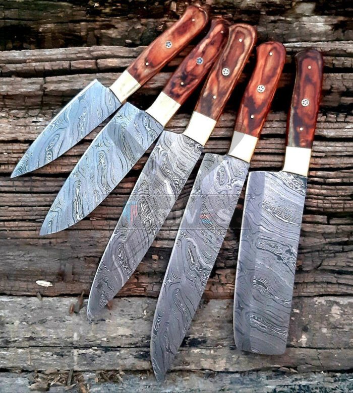 Custom Damascus 5 PCS Chef Set With Brown Wood Handle