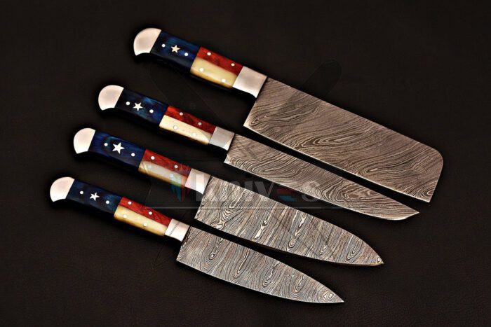 Custom Handmade Damascus 4 PCS Chef Set Texas