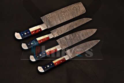 Custom Handmade Damascus 4 PCS Chef Set Texas Handle With Leather Roll Kit