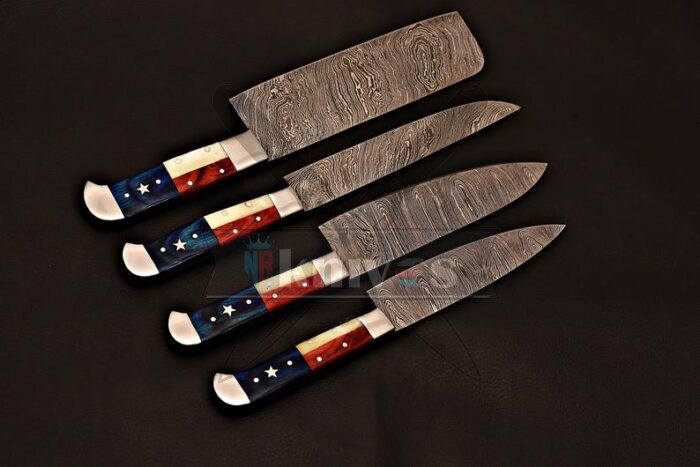 Custom Handmade Damascus 4 PCS Chef Set Texas Handle With Leather Roll Kit