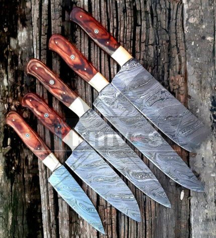 Custom Handmade Damascus 5 PCS Chef Set With Brown Wood Handle