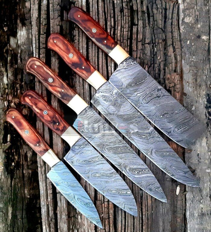 Custom Handmade Damascus 5 PCS Chef Set With Brown Wood Handle