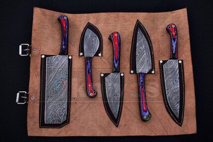 Custom Handmade Damascus 5 PCS Chef Set With Leather Roll Kit