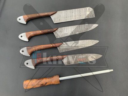 Custom Handmade Damascus Steel 5 PCS Chef Set With Rosewood Handle