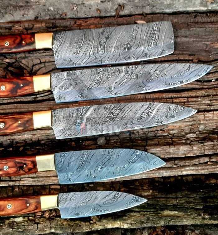 Handmade Damascus 5 PCS Chef Set With Brown Wood Handle