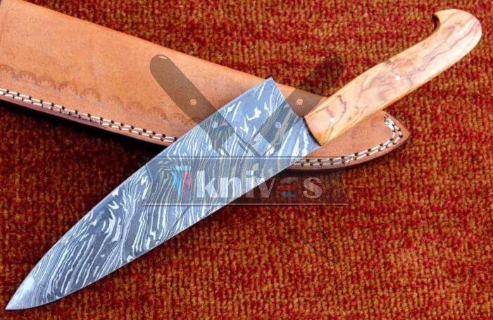 Chef Kitchen Knife With Natural Wood Handle Free Leather Sheath