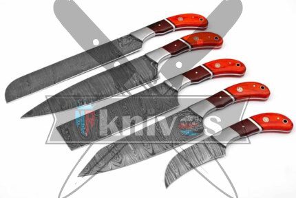 Chef Kitchen Knives Set With Brown Micarta and Pakka Wood Handle