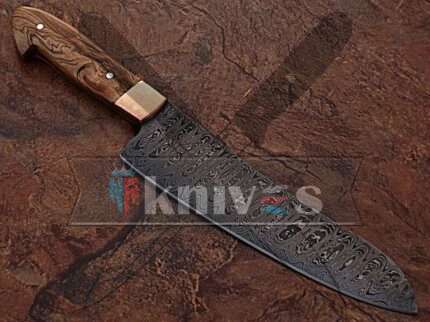 Custom 12″ inches Damascus Steel Kitchen Knife Olive Wood Handle