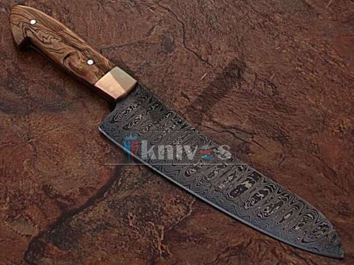 Custom 12″ inches Damascus Steel Kitchen Knife Olive Wood Handle