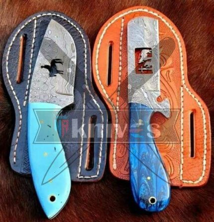 Custom Bull Cutter Cowboy Knives With Sky and Neavy Blue Resin Handle