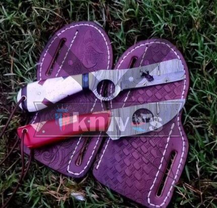 Custom Bull Cutter Cowboy Knives With White and Red Resin Handle