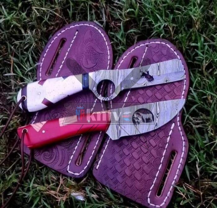 Custom Bull Cutter Cowboy Knives With White and Red Resin Handle