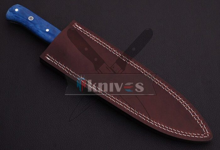 Custom Chef Kitchen Knife With Blue Camel Bone Handle With Free Leather Sheath