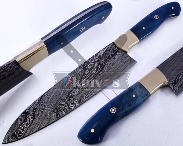 Custom Chef Kitchen Knife With Blue Colored Camel Bone Handle