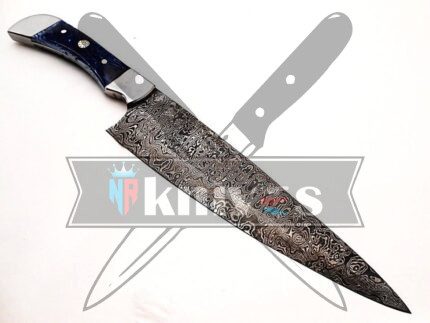 Custom Chef Kitchen Knife With Blue Glass Resin Handle
