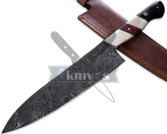 Custom Chef Kitchen Knife With Bone, Wood & Micarta Handle