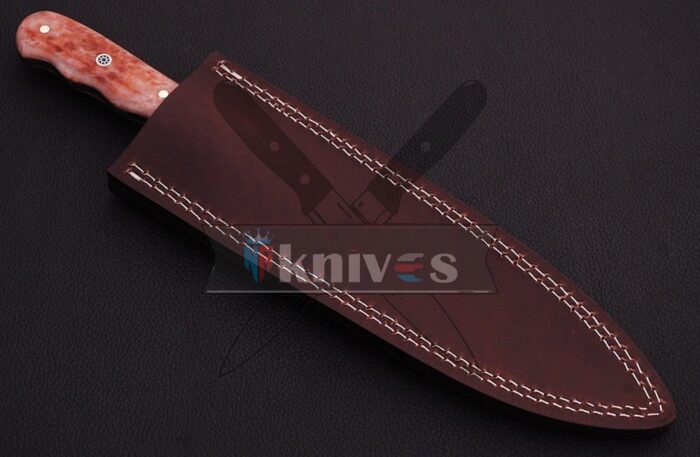 Custom Chef Kitchen Knife With Colored Camel Bone Handle Free Leather Sheath