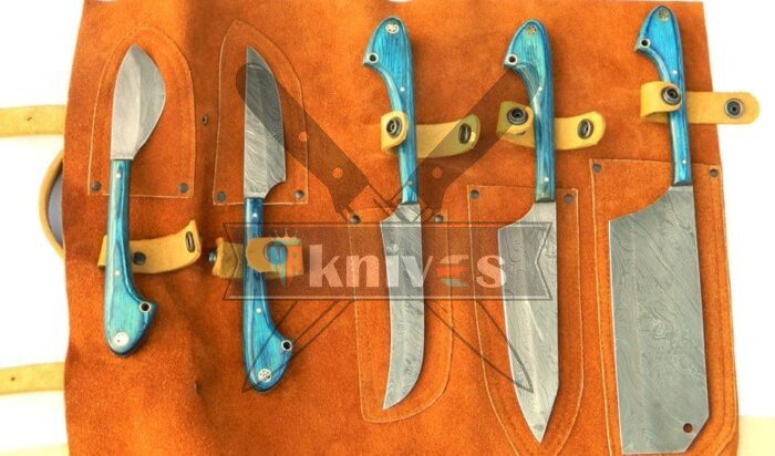 Custom Chef Kitchen Knives Set With Blue Wood Handle