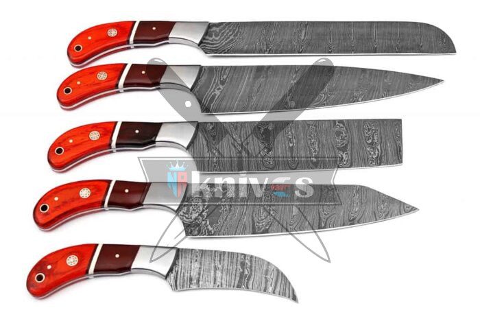 Custom Chef Kitchen Knives Set With Brown Micarta and Pakka Wood Handle