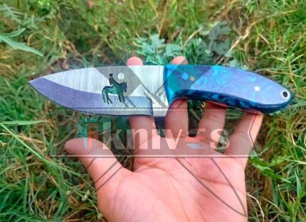 Custom Cowboy Knife With Dark and Sky Blue Resin Handle