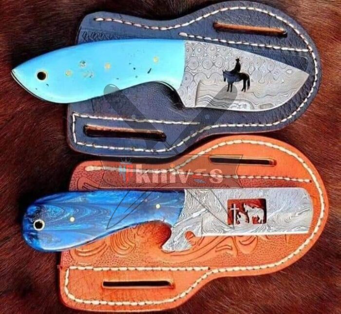 Custom Cowboy Knives With Sky and Dark Blue Resin Handle