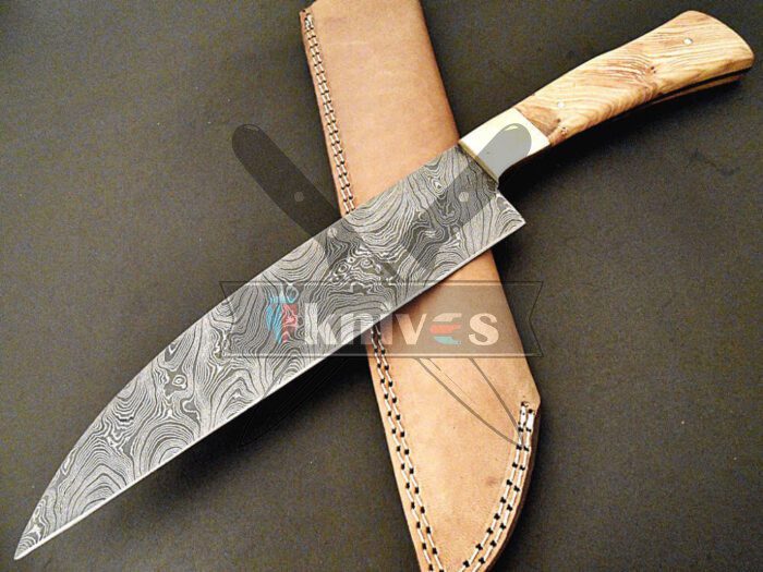 Custom Damascus Steel Blade Chef Kitchen Knife With Olive Wood Handle