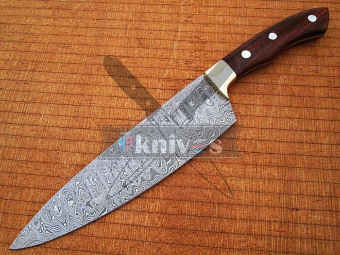 Custom Damascus Steel Blade Chef Kitchen Knife With Rose Wood Handle