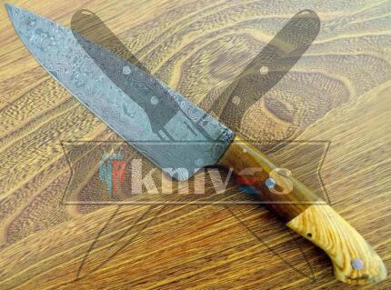 Custom Damascus Steel Chef Kitchen With Natural Wood Handle