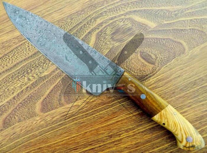 Custom Damascus Steel Chef Kitchen With Natural Wood Handle