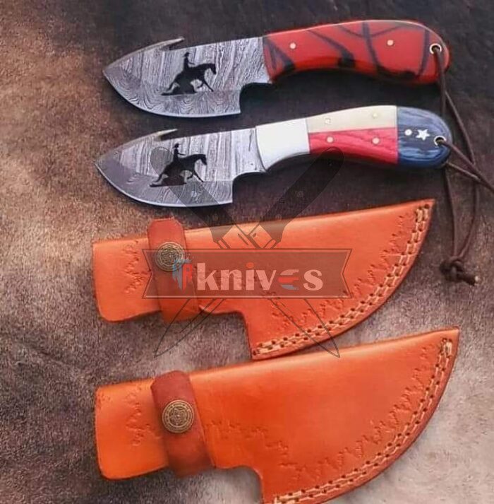 Custom Gut Hook Cowboy Knives With USA Flag and Resin Handle