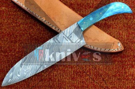 Custom Handmade Chef Kitchen Knife With Sky Colored Camel Bone Handle