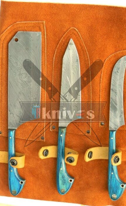 Custom Handmade Chef Kitchen Knives Set With Blue Wood Handle