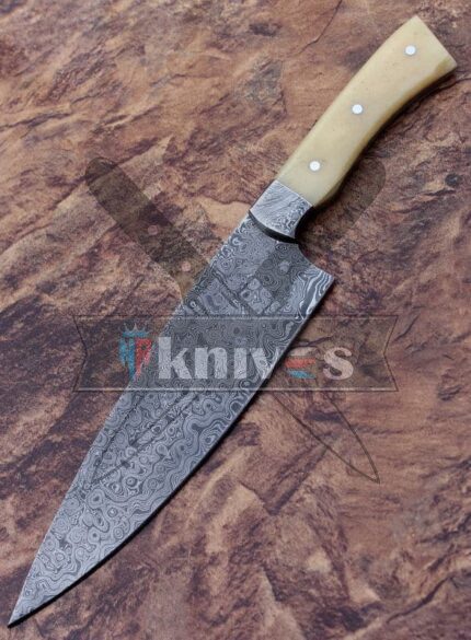 Custom Handmade Damascus Steel Blade Kitchen Knife With Camel Bone Handle