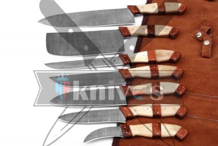 Custom-Handmade-Damascus-Steel-Chef-Kitchen-Knife-Set-Camel-Bone-Handle-With-Leather-Sheath