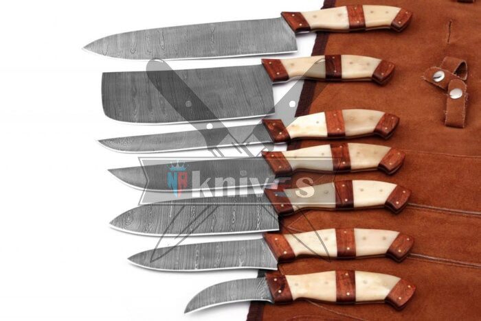 Custom-Handmade-Damascus-Steel-Chef-Kitchen-Knife-Set-Camel-Bone-Handle-With-Leather-Sheath