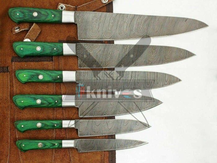 Custom-Handmade-Damascus-Steel-Chef-Kitchen-Knife-Set-Green-Pakka-Wood-Handle-With-Leather-Sheath-Roll