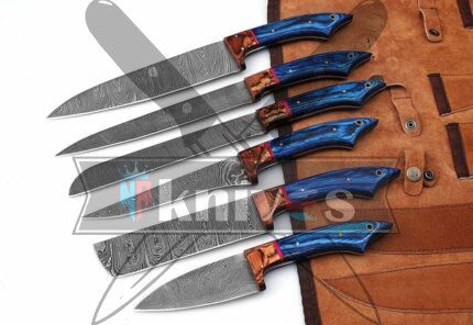 Custom-Handmade-Damascus-Steel-Chef-Kitchen-Knife-Set-Pakka-Wood-Handle-With-Leather-Sheath