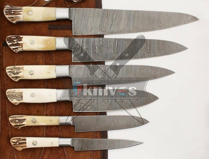 Custom-Handmade-Damascus-Steel-Chef-Kitchen-Knife-Set-Stag-Horn-And-Camel-Bone-Handle-With-Leather-Sheath
