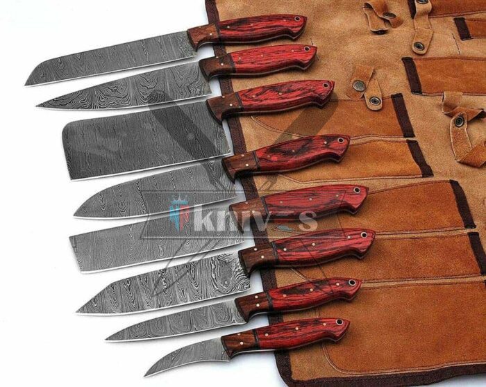 Custom-Handmade-Damascus-Steel-Chef-Kitchen-Knife-Set-Walnut-Wood-And-Red-Wood-Handle-With-Leather-Sheath