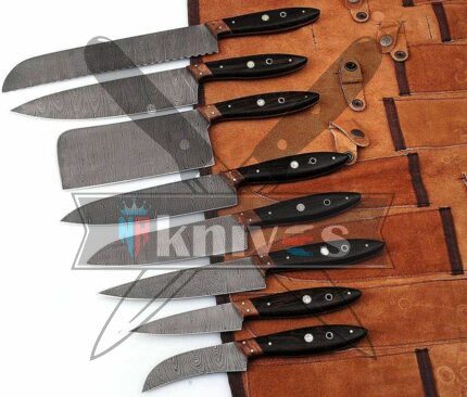 Custom-Handmade-Damascus-Steel-Chef-Kitchen-Knife-Set-Walnut-Wood-And-Wenge-Wood-Handle-With-Leather-Sheath