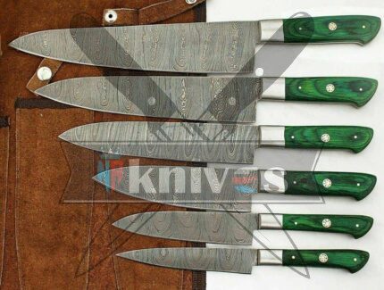 Custom-Handmade-Damascus-Steel-Chef-Kitchen-Knife-Set-With-Green-Pakka-Wood-Handle